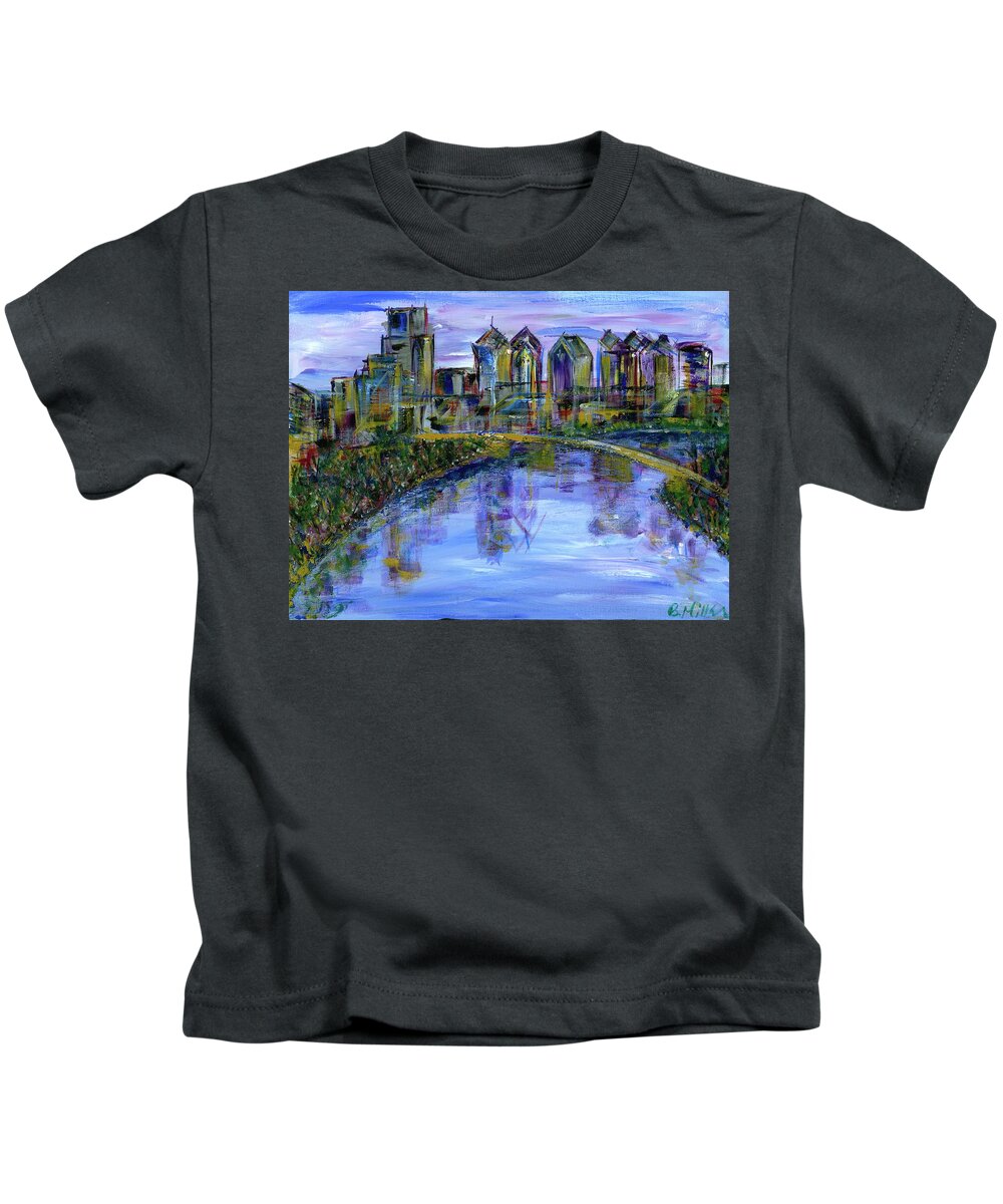  Kids T-Shirt featuring the painting Philly Skyline with River by Britt Miller