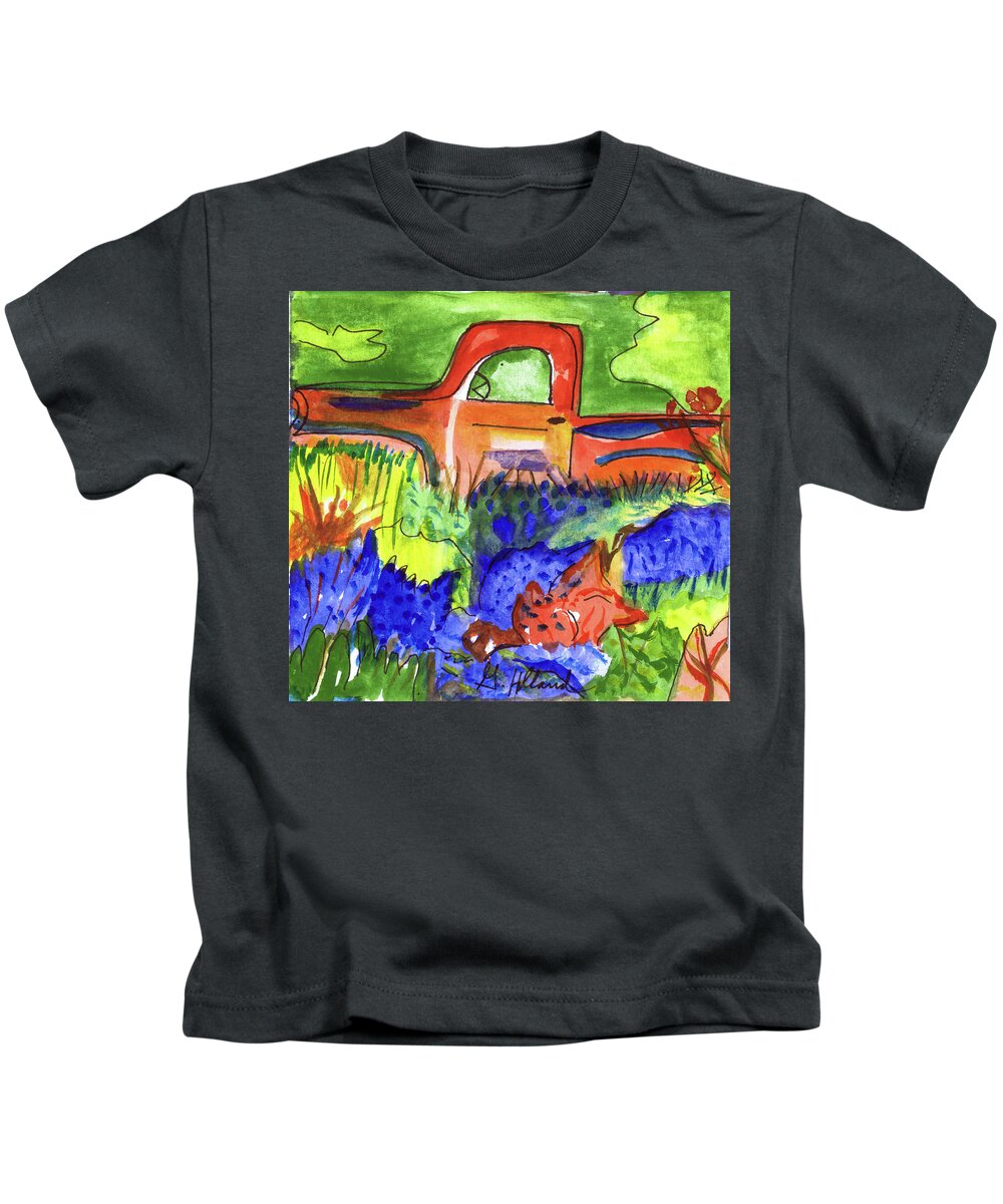 Truck Kids T-Shirt featuring the painting Pickup and Bluebonnets by Genevieve Holland