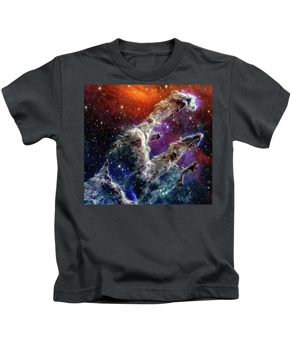 Webb Kids T-Shirt featuring the photograph Pillars of Creation - James Webb Space Telescope - NIRCam and MIRI Composite Image by Eric Glaser