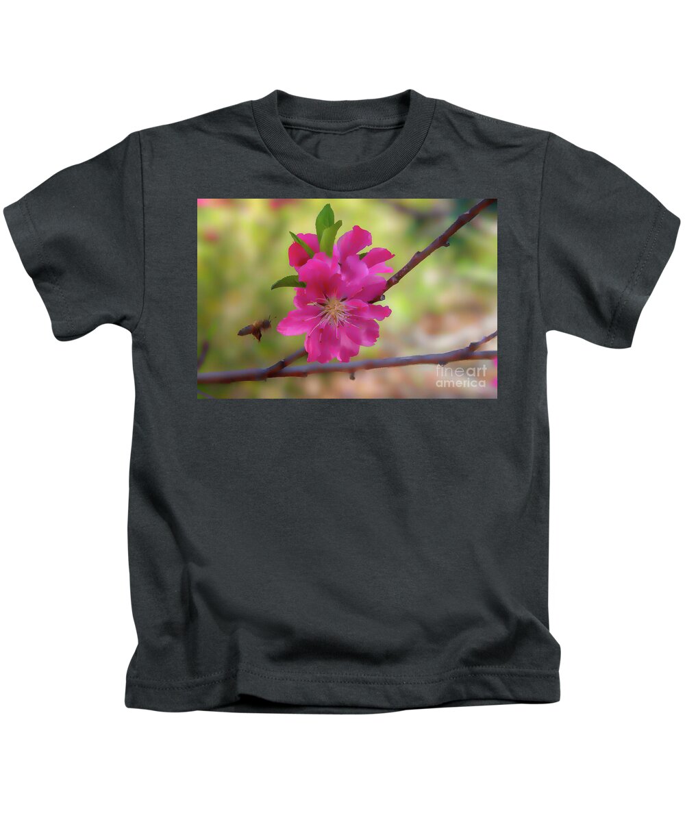 Cherry Kids T-Shirt featuring the photograph Pink Cherry Blossoms and Bees digital art by Diana Mary Sharpton