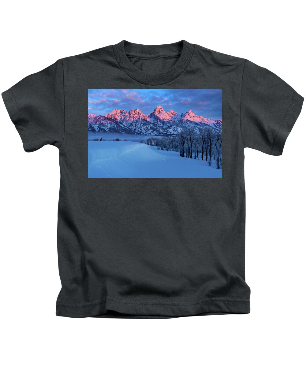 Teton Mountains Kids T-Shirt featuring the photograph Pink Peaks by John Rogers