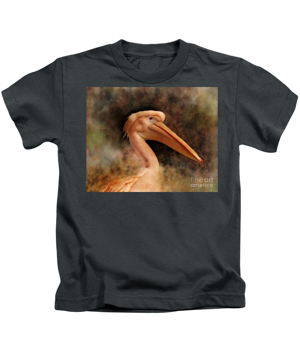 Pelican Kids T-Shirt featuring the mixed media Pink Pelican Bird 81 by Lucie Dumas
