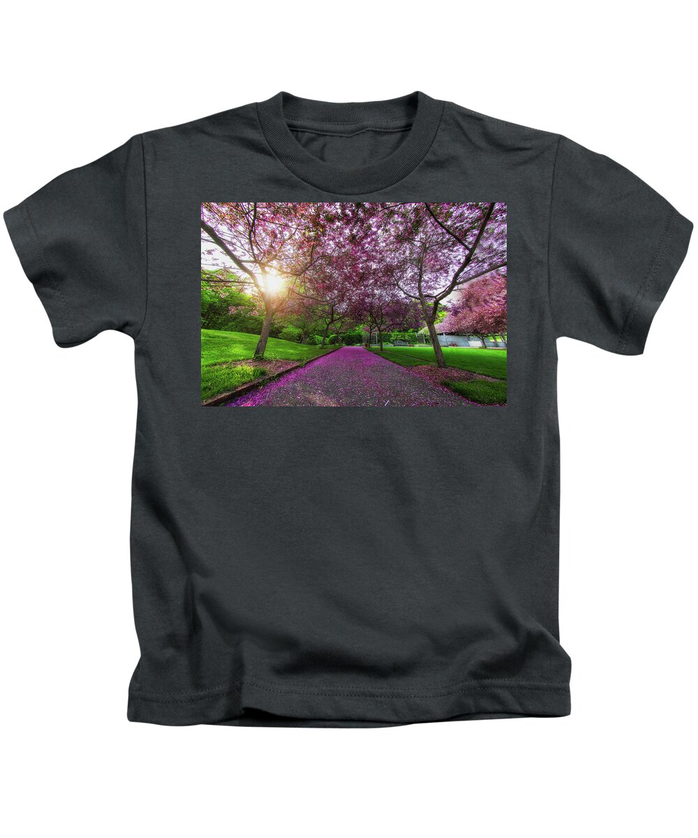 Kids T-Shirt featuring the photograph Pink Petal Trail by Nicole Engstrom