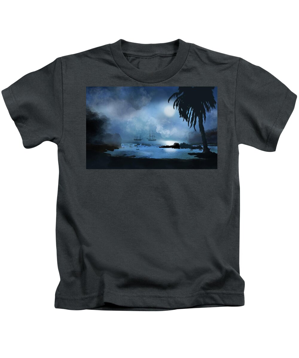 Pirate Kids T-Shirt featuring the painting Pirate ships off the coast of Port Royale by Patricia Piotrak