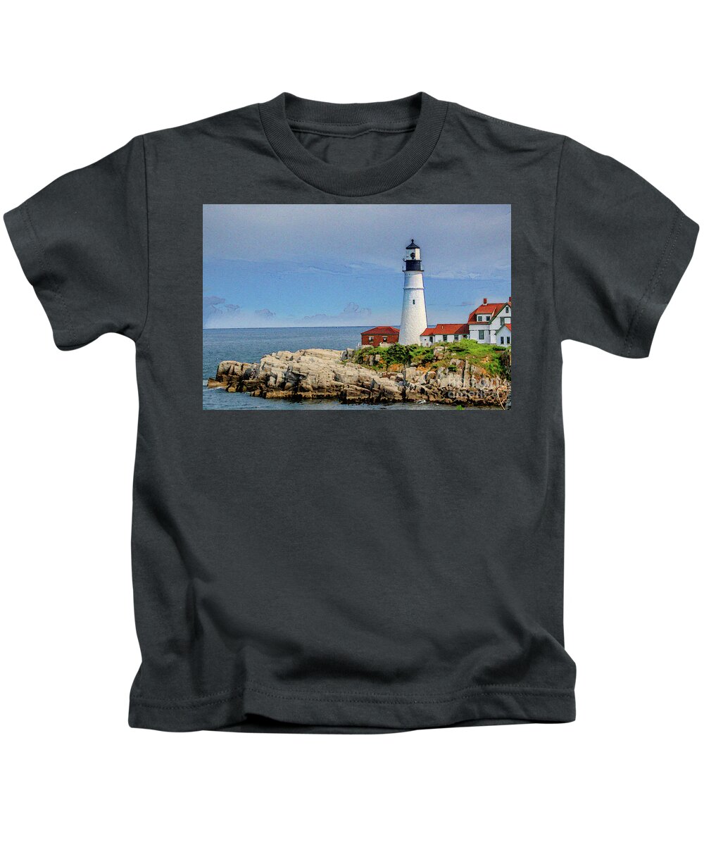 Cape Elizabeth Kids T-Shirt featuring the digital art Portland Head Lighthouse by Patti Powers