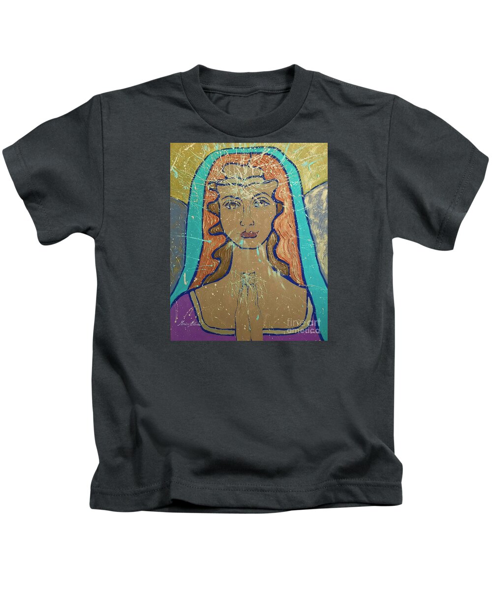 Angels Kids T-Shirt featuring the painting Pray and know I am with you by Monica Elena