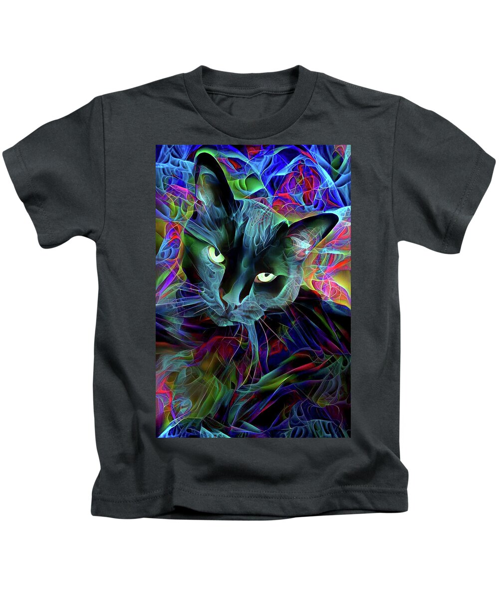 Cat Kids T-Shirt featuring the digital art Psychedelic Black Cat Fractal by Peggy Collins