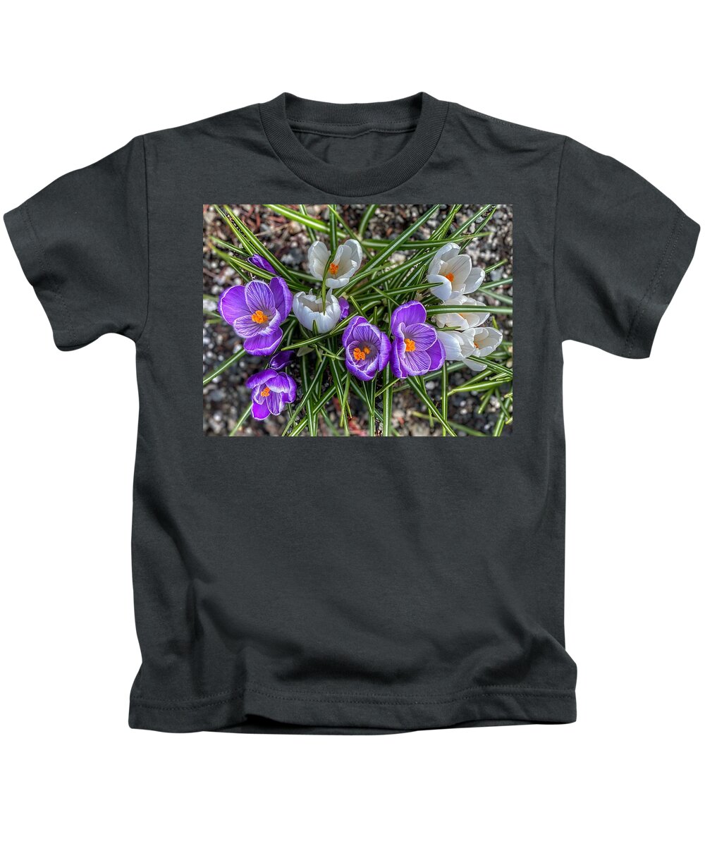 Flowers Kids T-Shirt featuring the photograph Purple and White Crocuses by Jerry Abbott