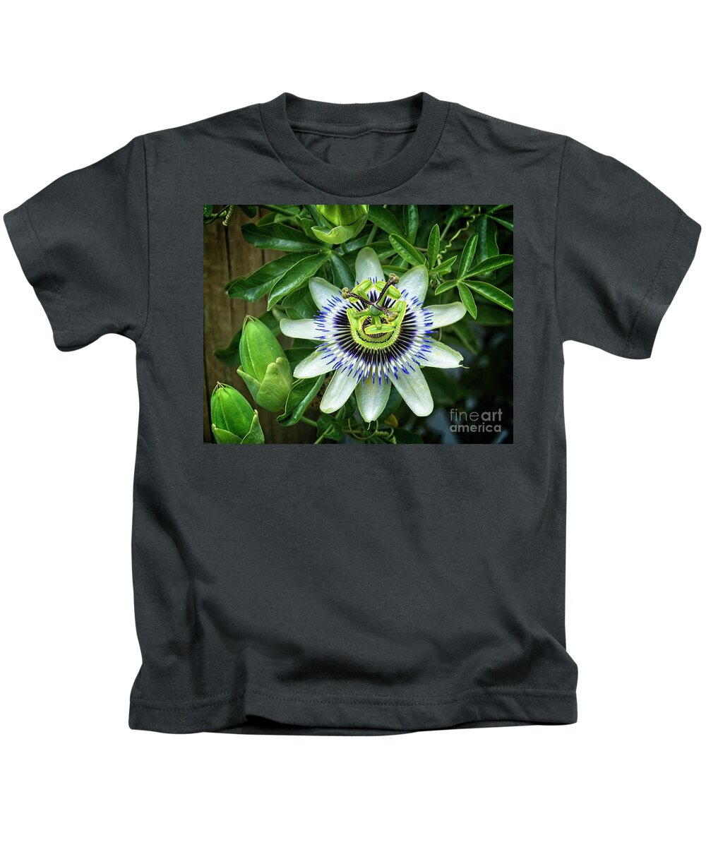 Passion Flower Kids T-Shirt featuring the photograph Purple Passion flower by Fran Woods