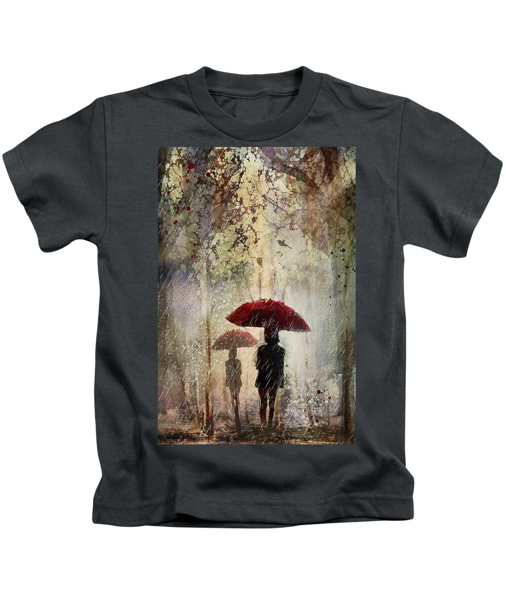 Rain Kids T-Shirt featuring the digital art Rain in the park by Maggy Pease