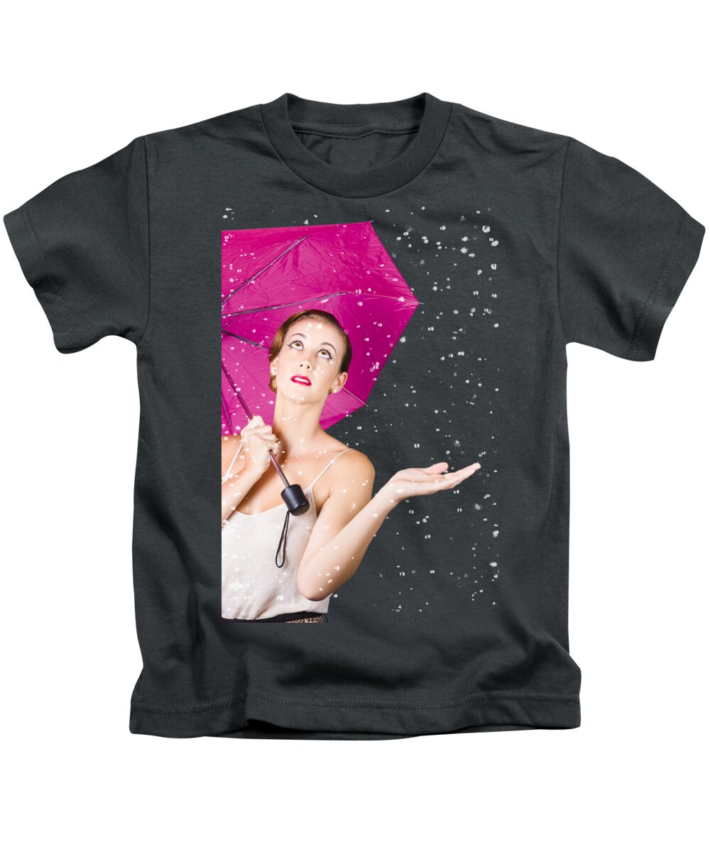Summer Kids T-Shirt featuring the photograph Rainy Day Pin Up Girl by Jorgo Photography