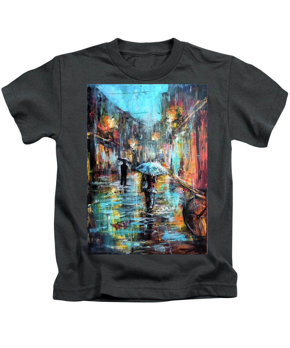 Rain Kids T-Shirt featuring the painting Rainy fantasy #1 by Natalja Picugina