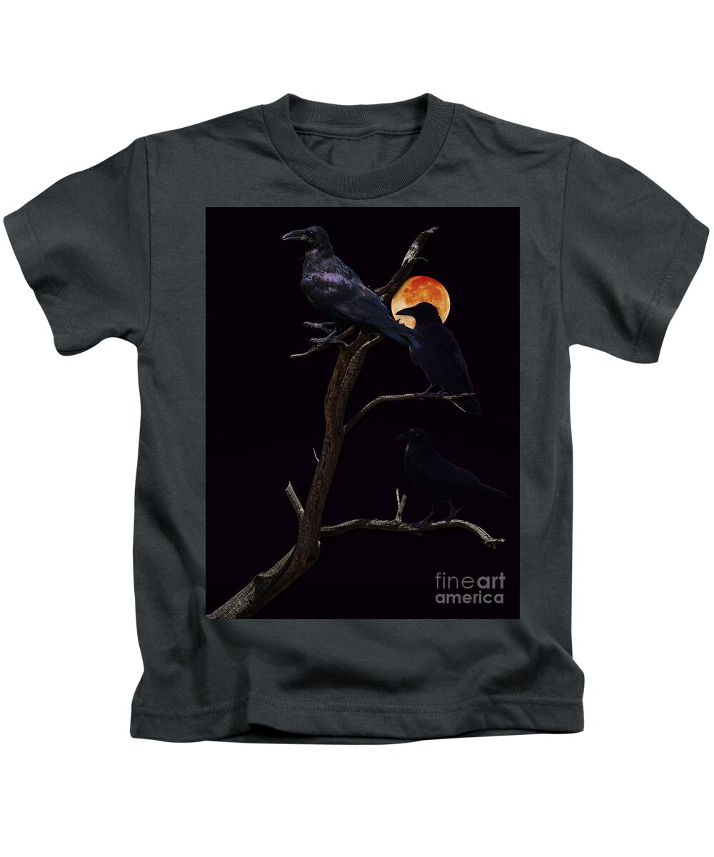 Black Kids T-Shirt featuring the photograph Ravens Under a Full Moon by Colleen Cornelius