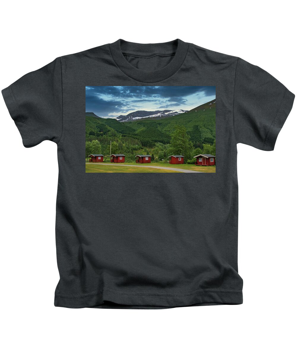 Norway Kids T-Shirt featuring the photograph Red Cabins in the Mountains of Norway by Matthew DeGrushe