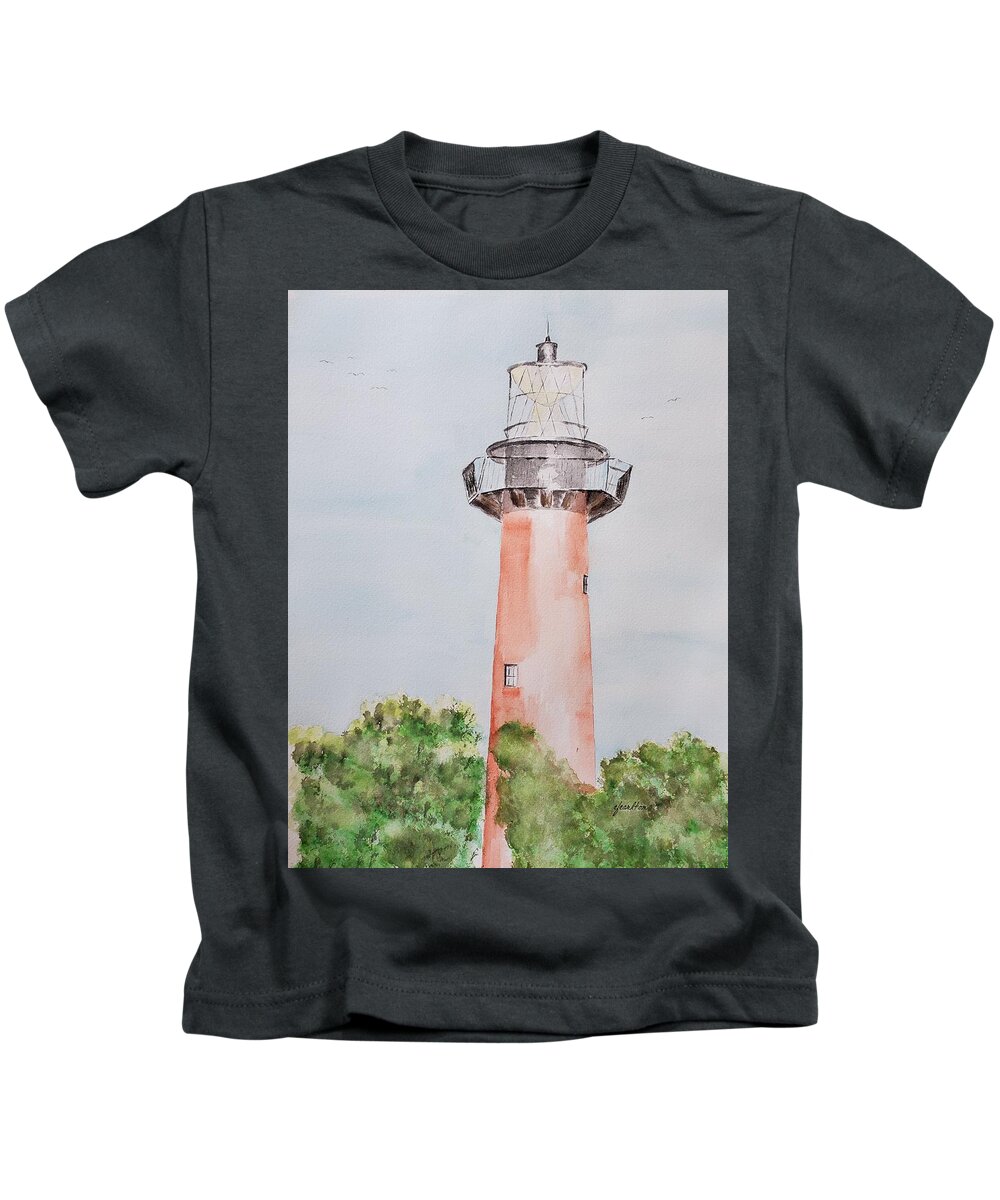 Lighthouse Kids T-Shirt featuring the painting Red Lighthouse by Claudette Carlton