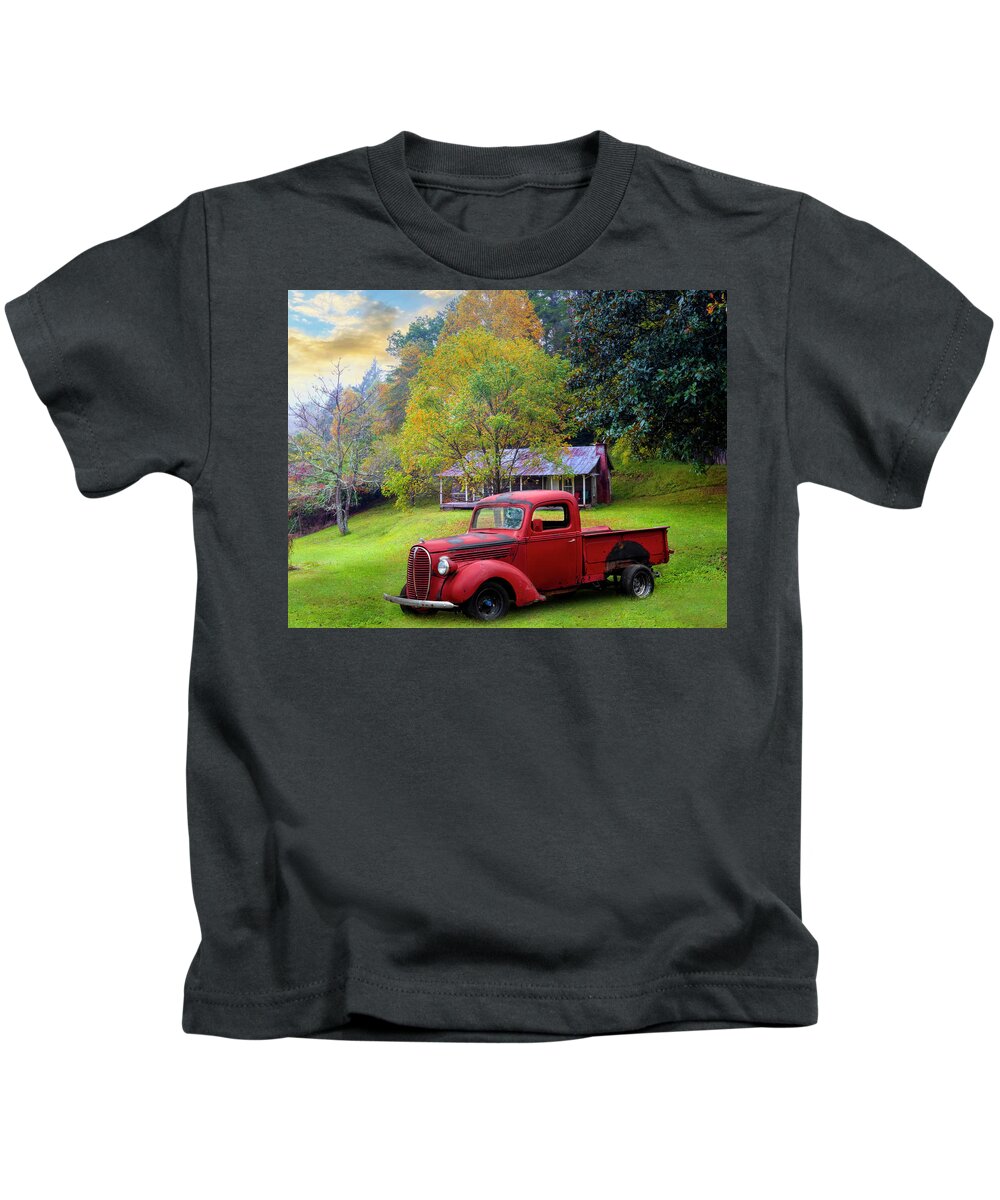 Red Kids T-Shirt featuring the photograph Red PIckup Truck at the Farm by Debra and Dave Vanderlaan