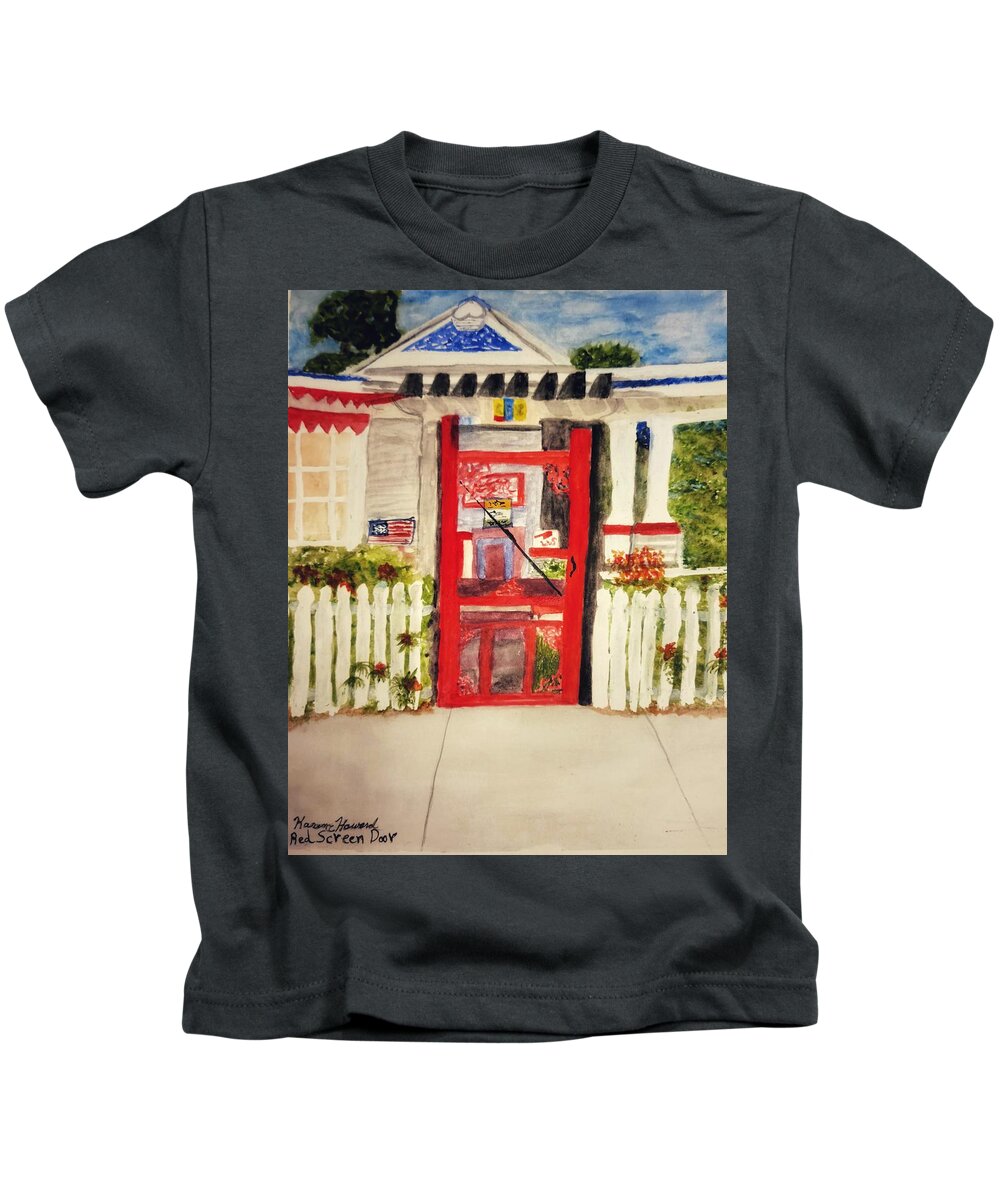 Red Kids T-Shirt featuring the painting Red Screen Door by Shady Lane Studios-Karen Howard