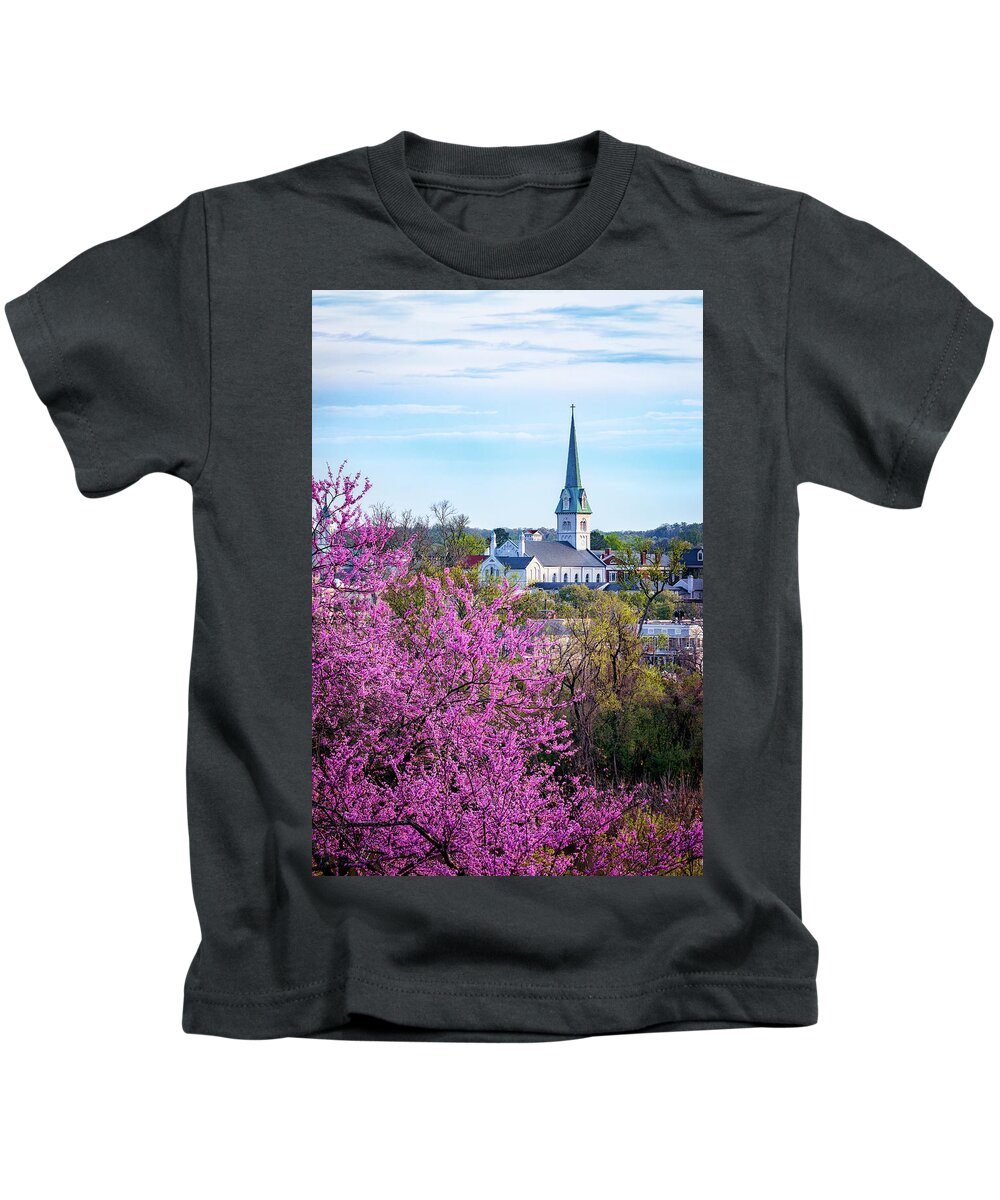 Redbud Kids T-Shirt featuring the photograph Redbud and Steeple by C Renee Martin