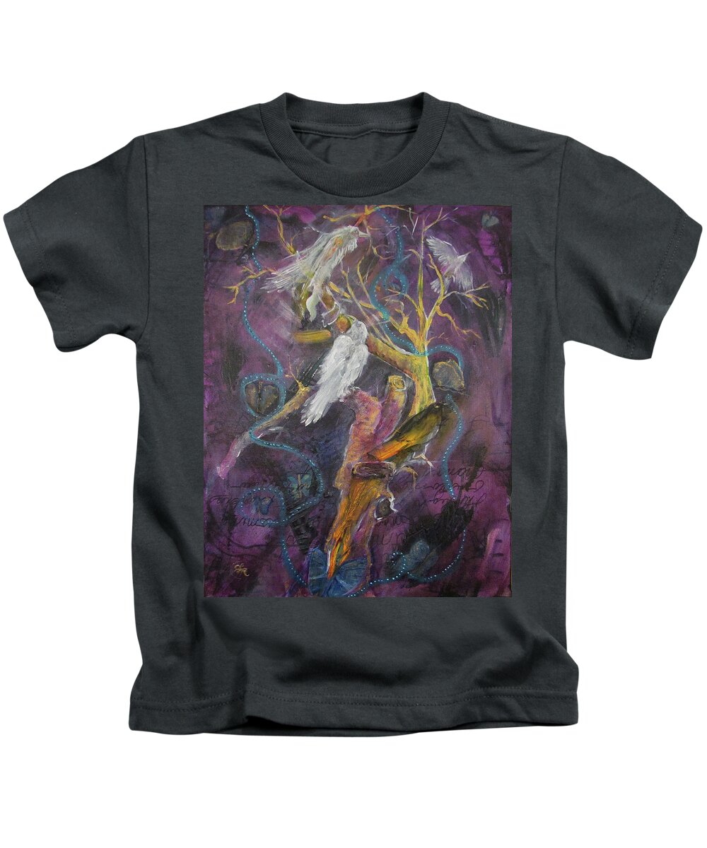 Miracles Kids T-Shirt featuring the painting Return of the White Ravens Dreaming of Prophesied Miracles by Feather Redfox