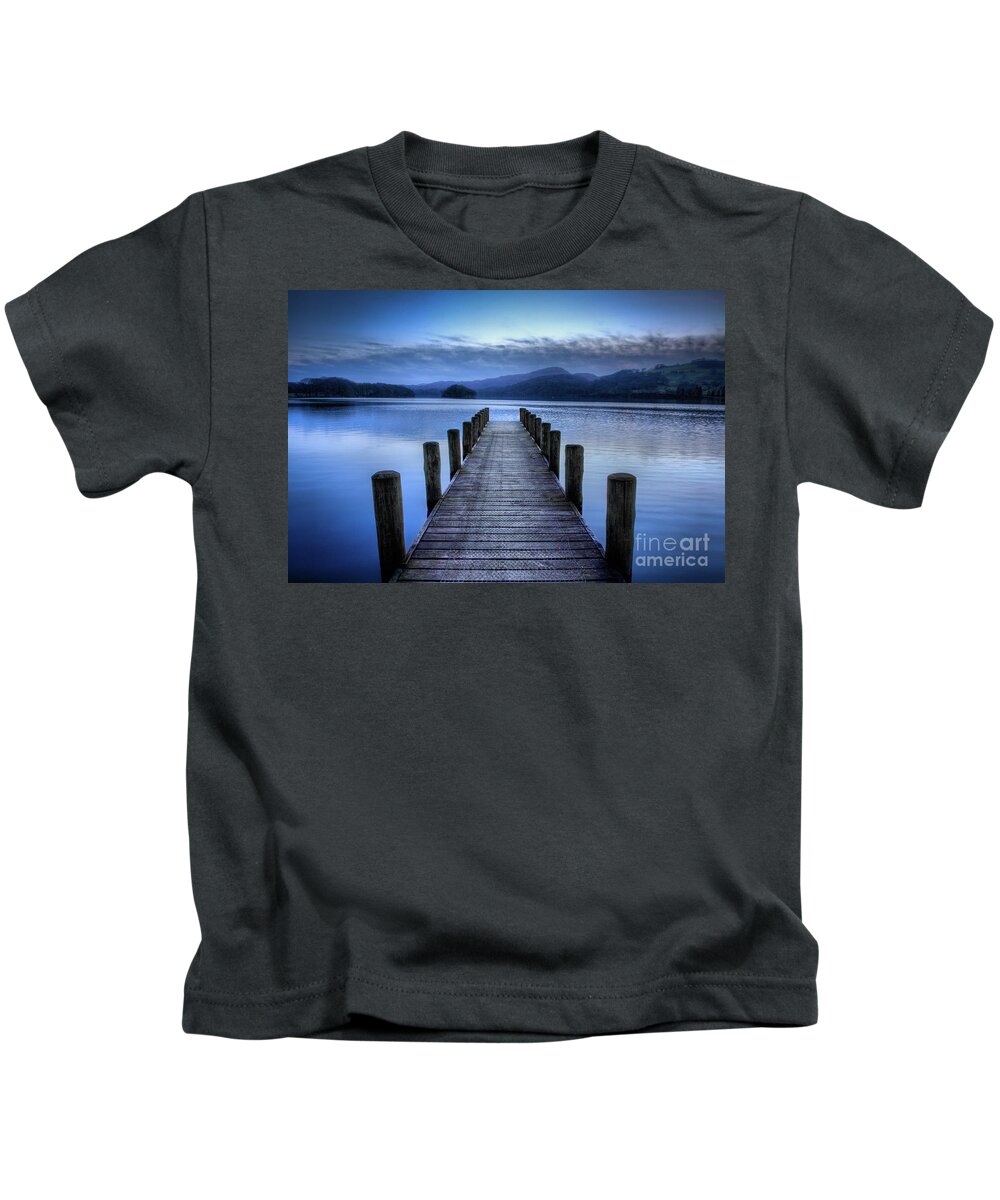 Uk Kids T-Shirt featuring the photograph Rigg Wood Pier At Dusk, Coniston Water by Tom Holmes Photography