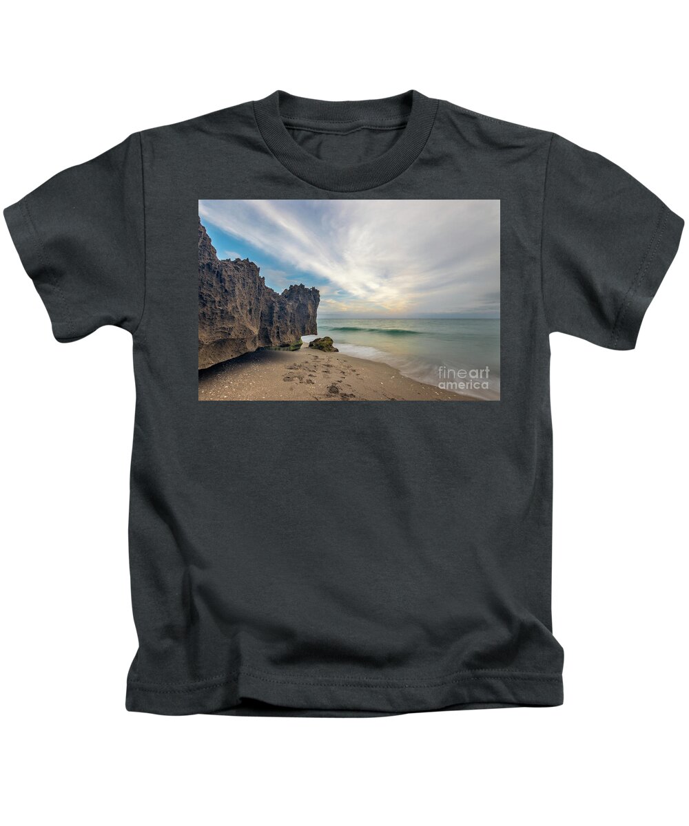 Rocks Kids T-Shirt featuring the photograph Rocky Ocean Morning by Tom Claud