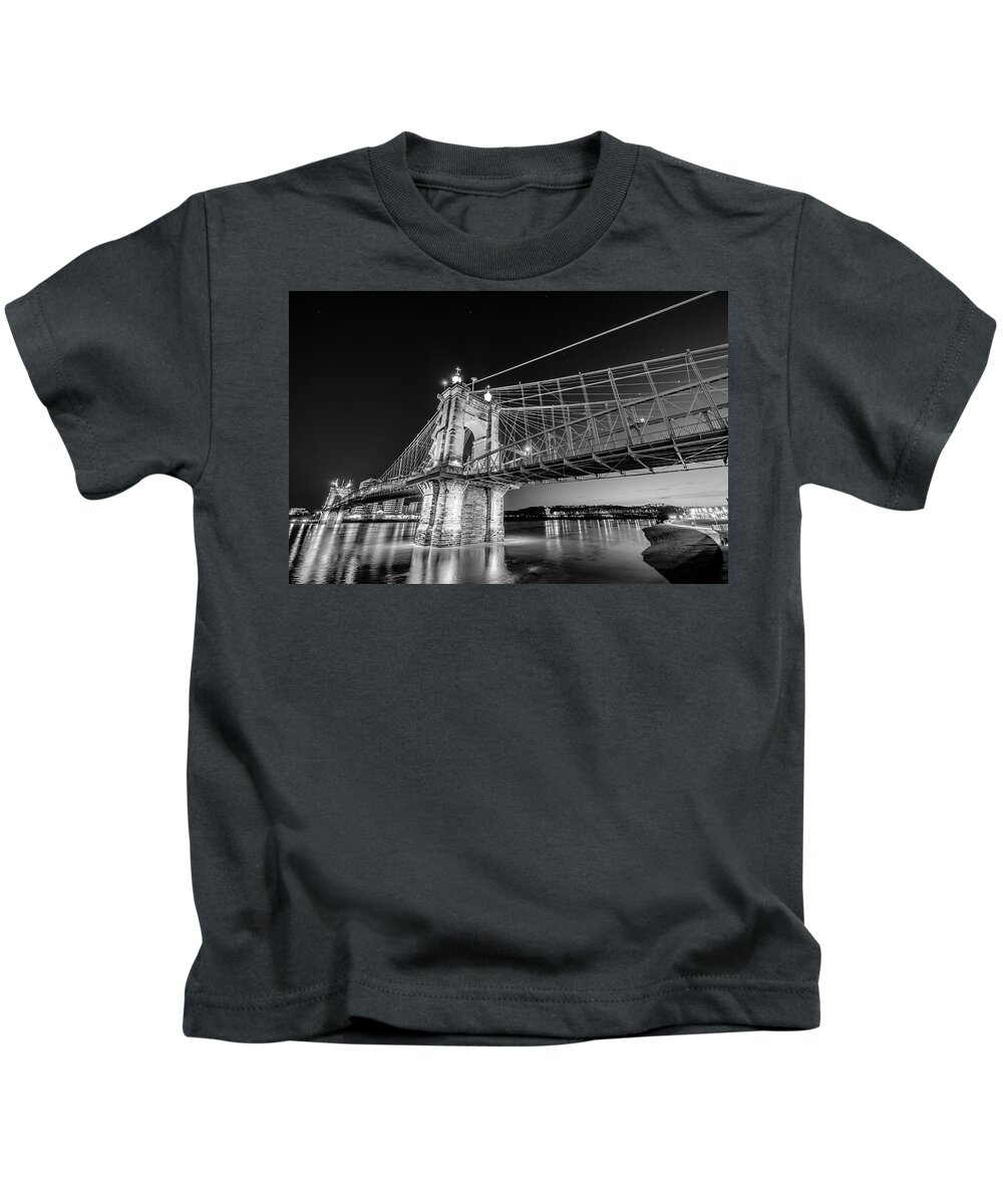 Roebling Bridge Cincinnati Ohio Black And White Kids T-Shirt featuring the photograph Roebling Bridge Cincinnati Ohio Black and White by Dave Morgan