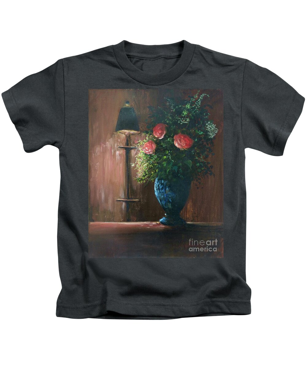 Roses Kids T-Shirt featuring the painting Roses in a Blue Vase by Lizzy Forrester