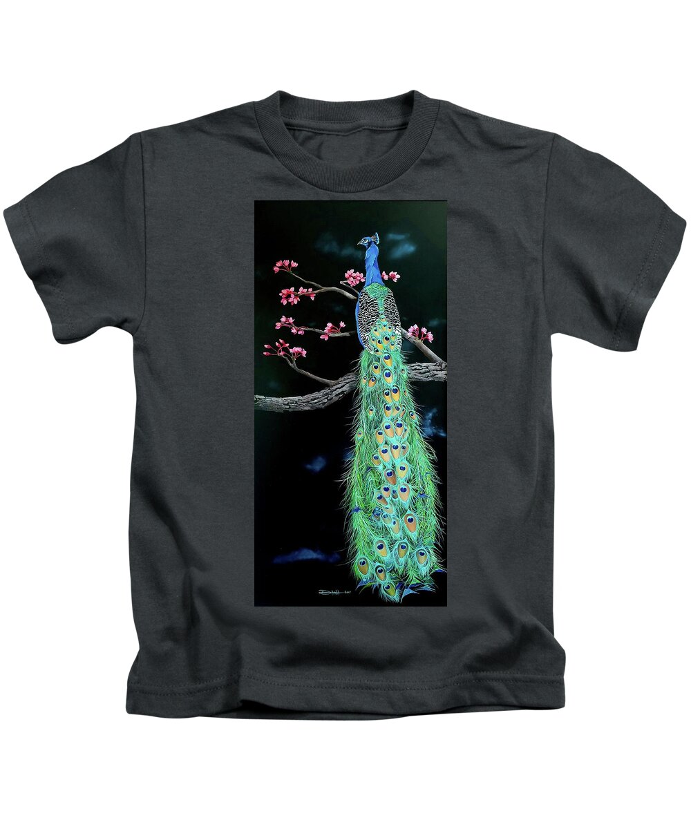 Birds Kids T-Shirt featuring the painting Royal Peacock by Dana Newman