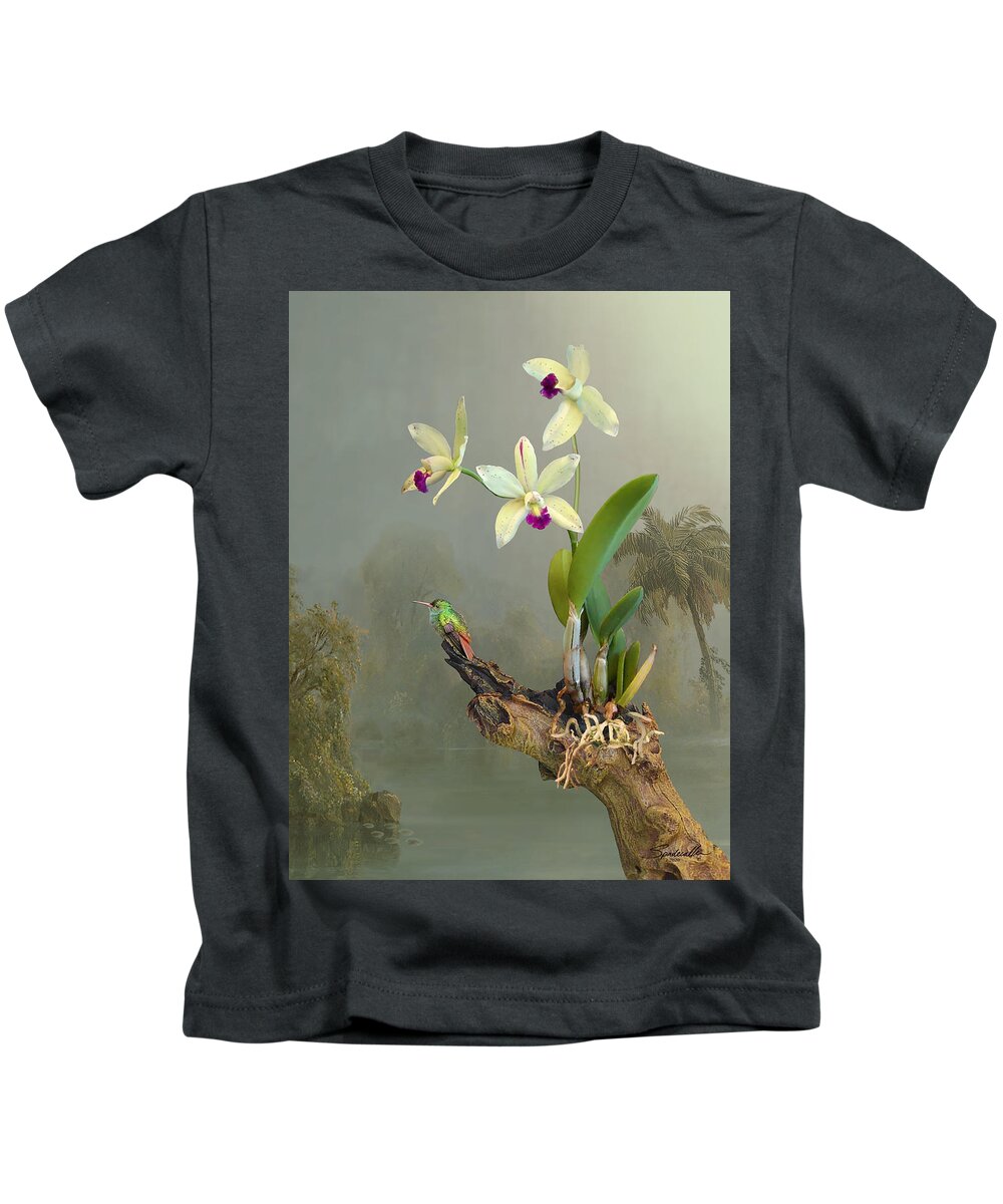 Hummingbird Kids T-Shirt featuring the digital art Rufous-tailed Hummingbird and Orchid by M Spadecaller
