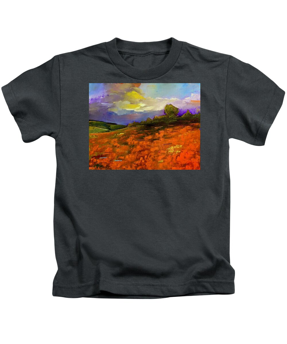 Landscape Kids T-Shirt featuring the painting Running Through Green by Roger Clarke