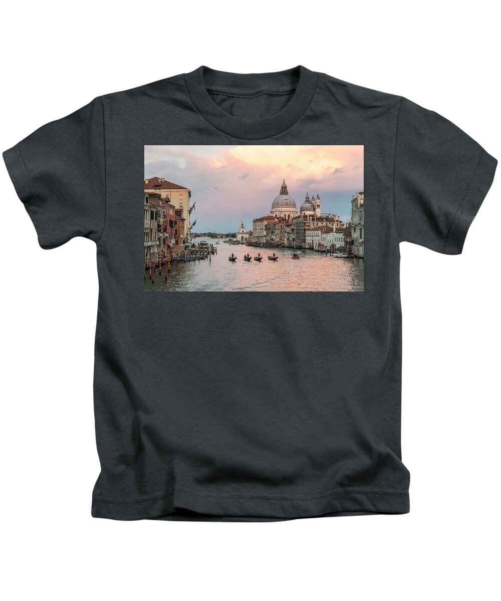 Fine Art Kids T-Shirt featuring the photograph Sam_0343 - Four gondolas in the Sunset on the Gran Canal, Venice by Marco Missiaja