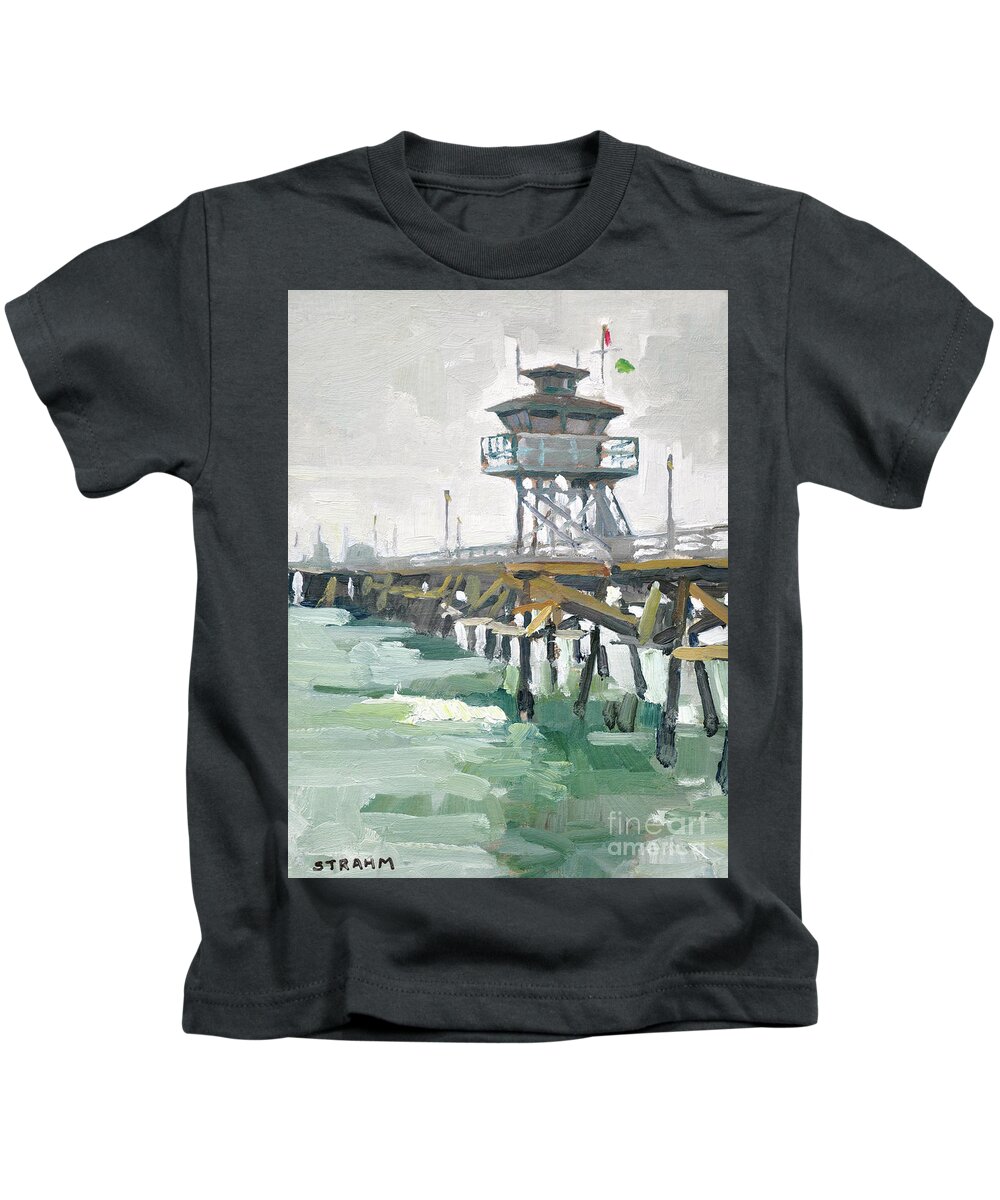 San Clemente Kids T-Shirt featuring the painting San Clemente Pier - San Clemente, California by Paul Strahm