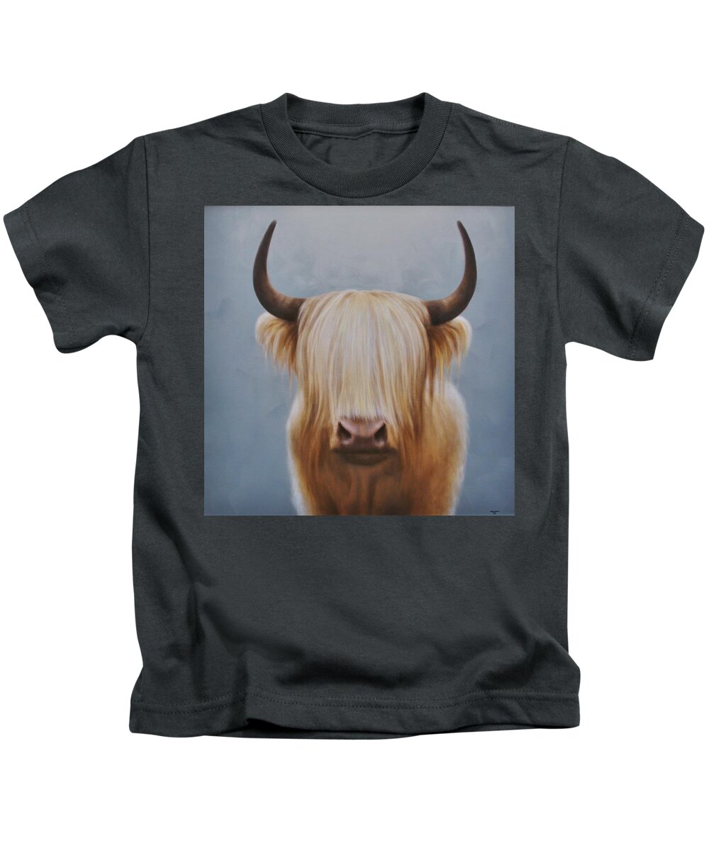 Realism Kids T-Shirt featuring the painting Scott Highland Cattle by Zusheng Yu