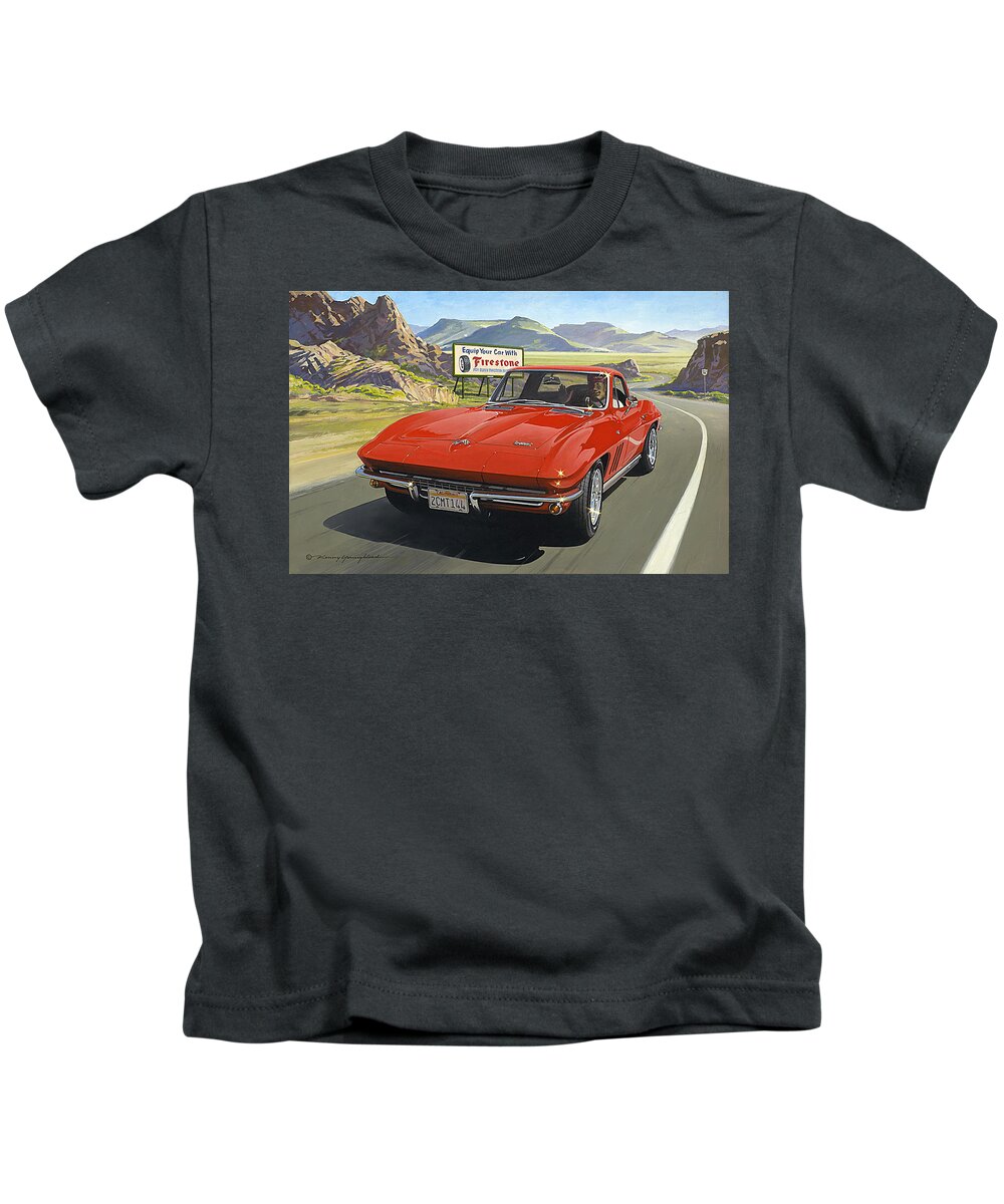 Drag Racing Nhra Top Fuel Funny Car John Force Kenny Youngblood Nitro Champion March Meet Images Image Race Track Fuel Corvette Rt 66 Firestone Signs Kids T-Shirt featuring the painting Scott's Vette by Kenny Youngblood