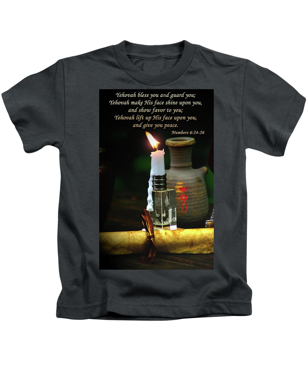 Yehovah Kids T-Shirt featuring the photograph Scriptures Messianic Lamplight by Tikvah's Hope