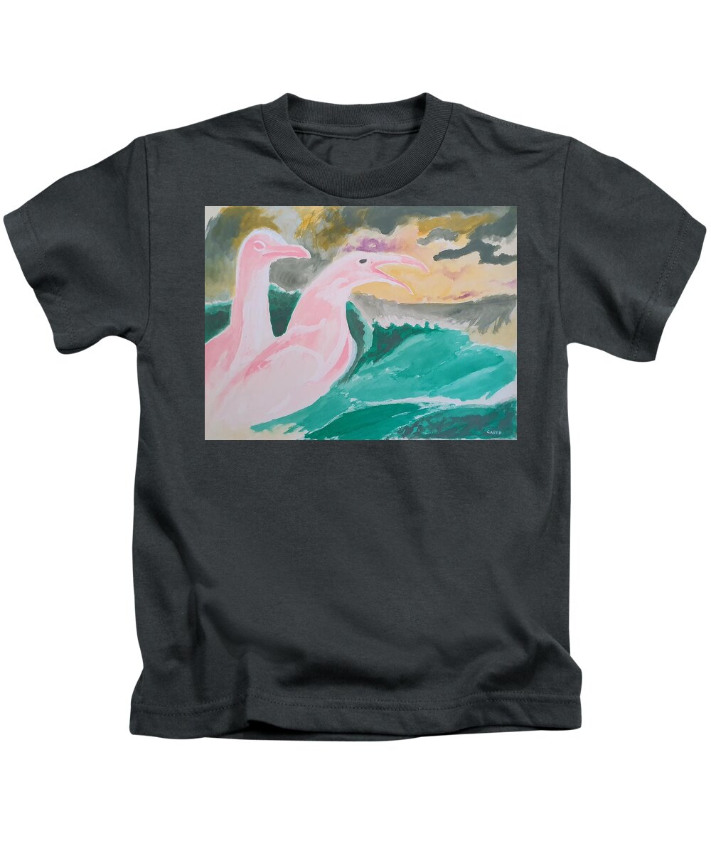 Seagulls Kids T-Shirt featuring the painting Seagulls with Waves by Enrico Garff