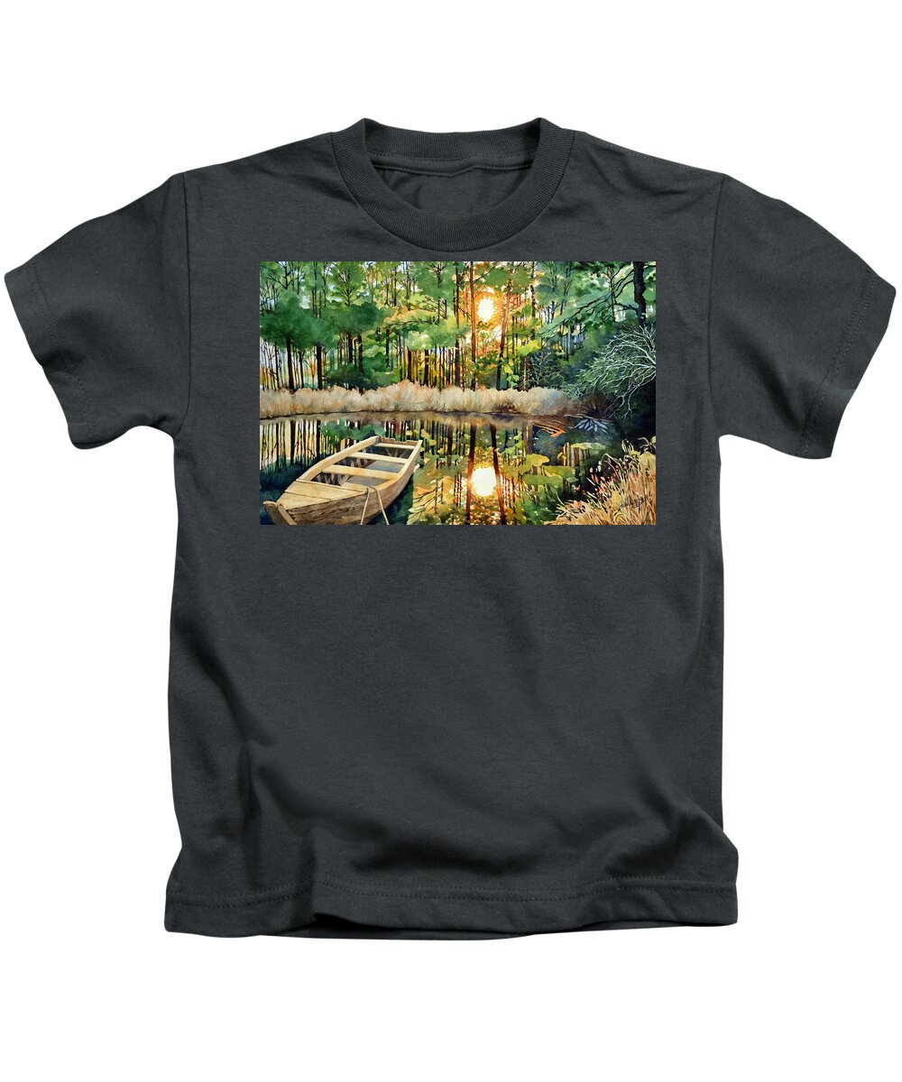 #watercolor #watercolorpainting #painting #nature #fineart #landscape Boat Kids T-Shirt featuring the painting Setting Sun over Mulberry Pond by Mick Williams