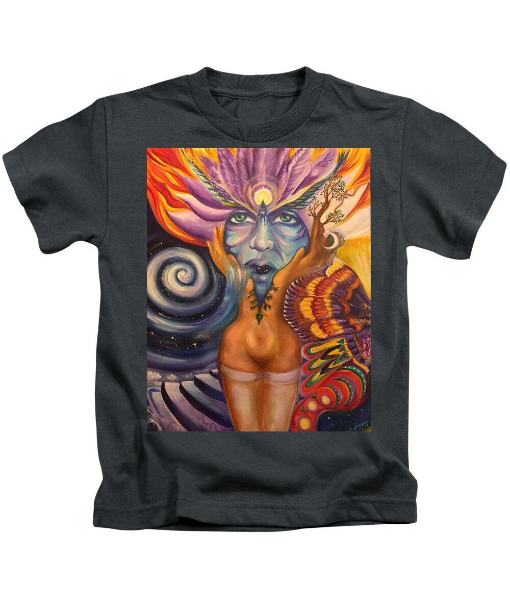 Face Masks Kids T-Shirt featuring the painting Shaman Breathing The Universe by Sofanya White