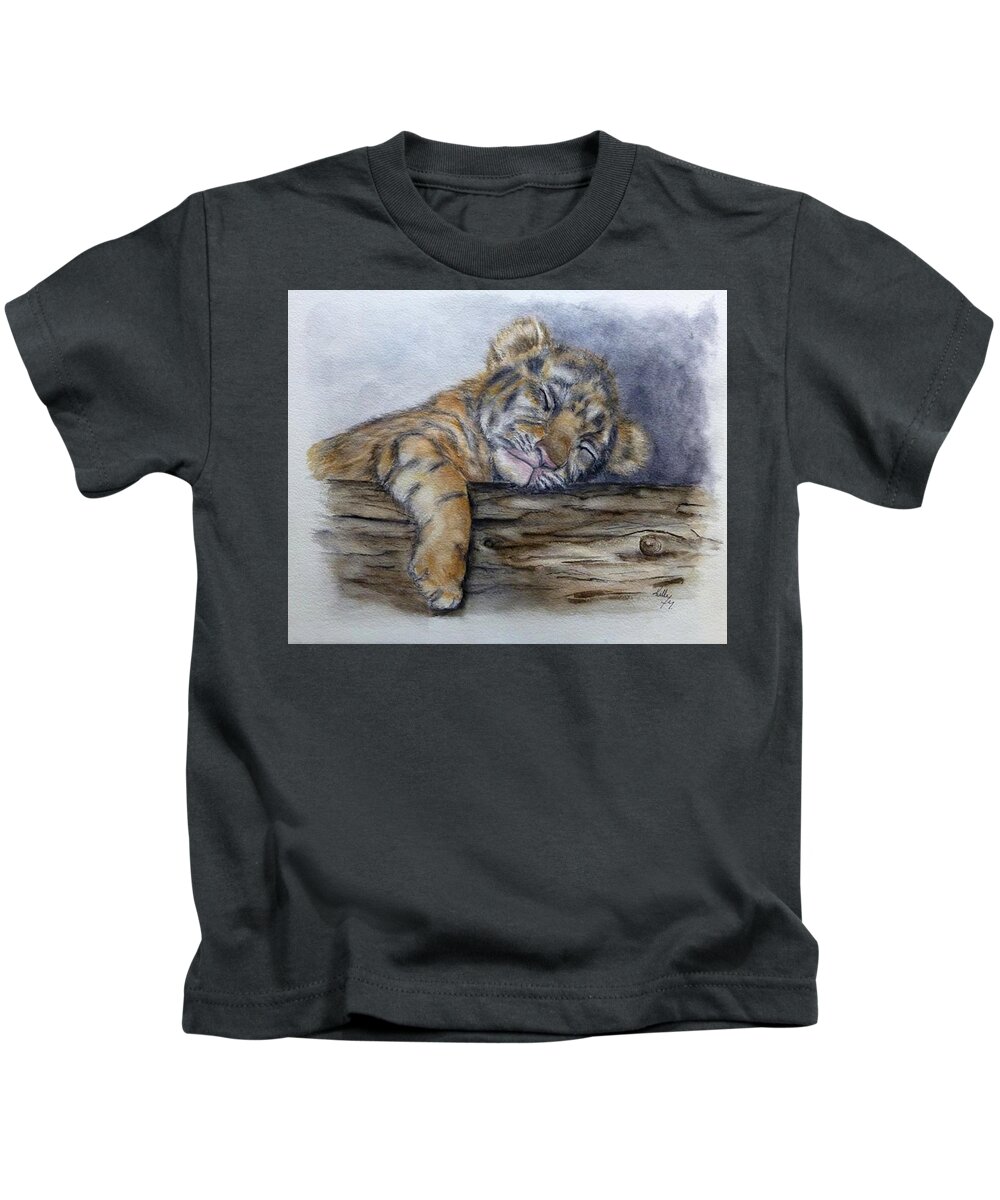 Tiger Cub Kids T-Shirt featuring the painting Shhh Tiger Cub is Sleeping by Kelly Mills