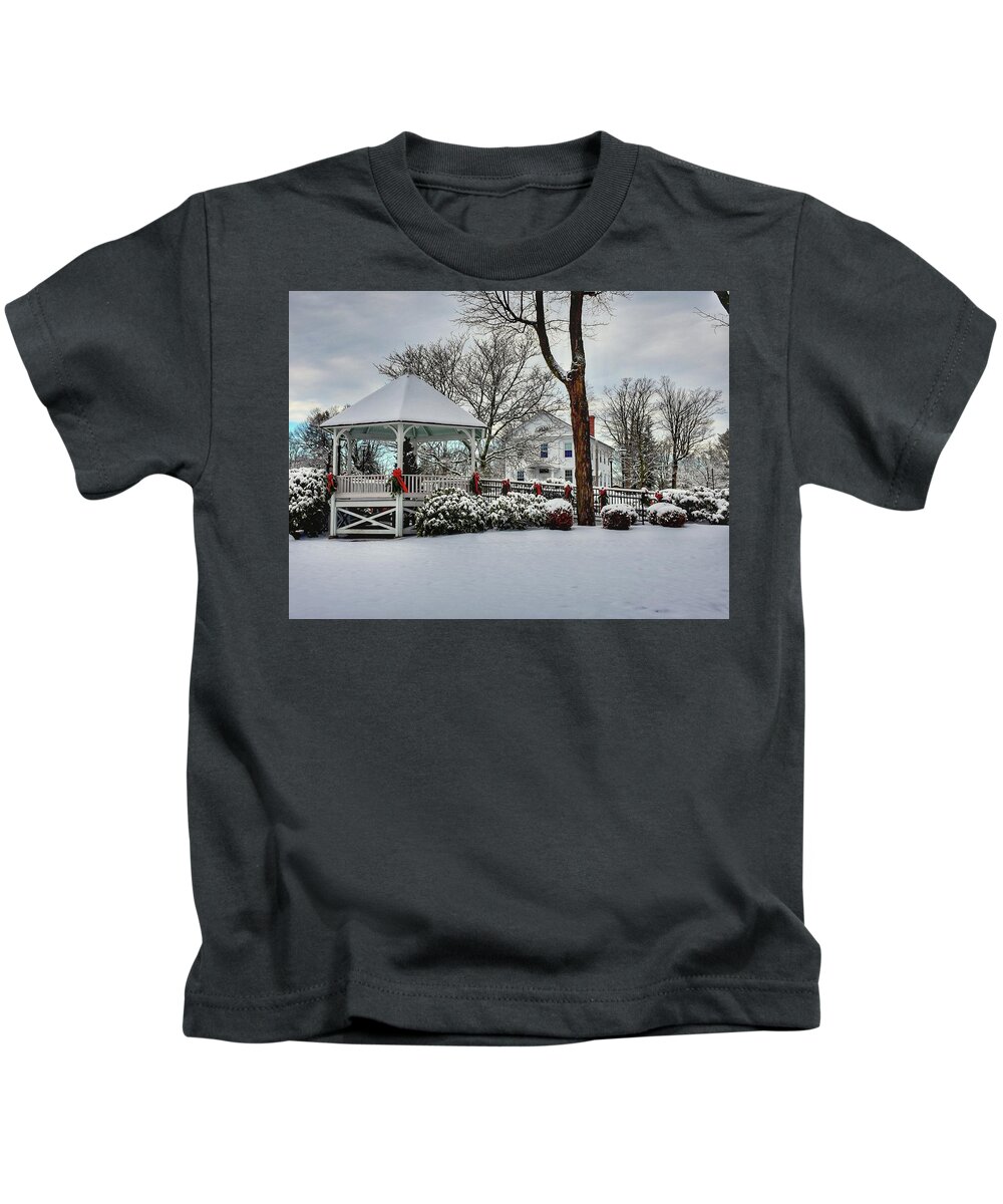 Shrewsbury Kids T-Shirt featuring the photograph Shrewsbury Town Common covered in snow by Monika Salvan