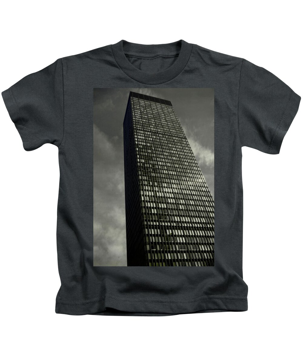 City Building Kids T-Shirt featuring the photograph Sky reflections skyscraper by Cathy Anderson