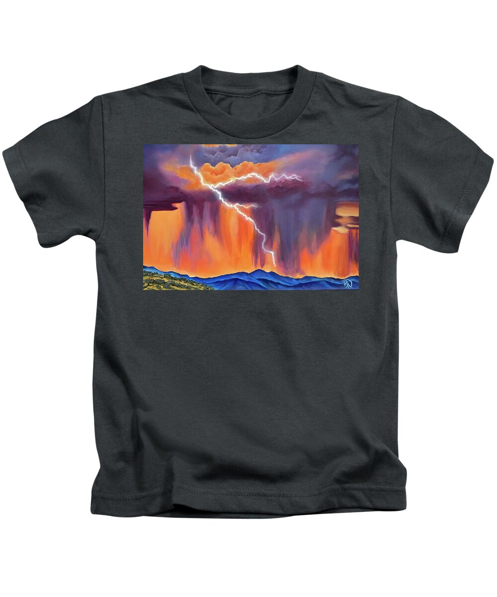 Lightning Kids T-Shirt featuring the painting Skyals-Luminous Lightning by Renee Noel