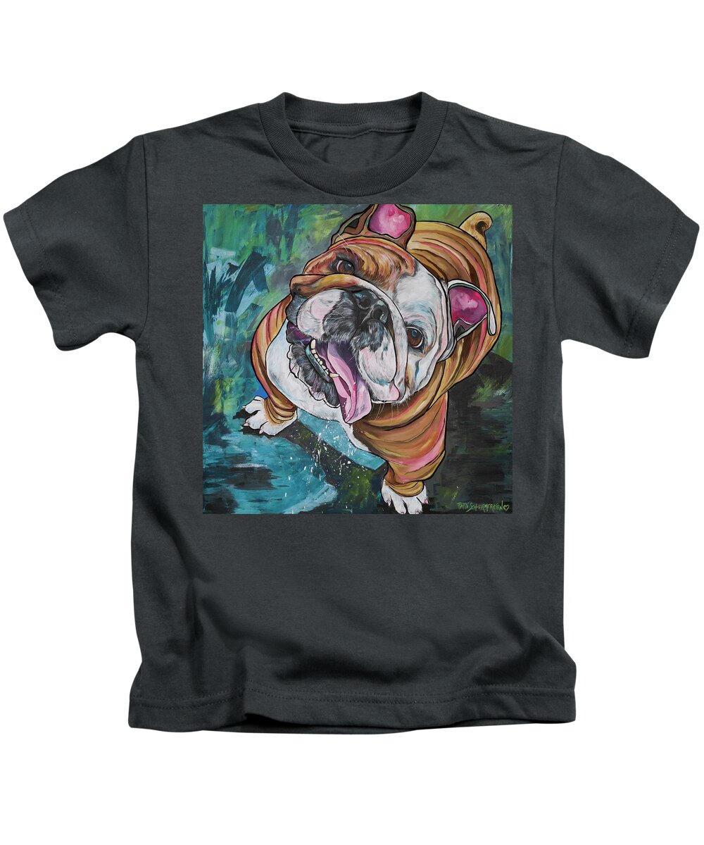 Smiling Bulldog Kids T-Shirt featuring the painting Sloppy Kisses by Patti Schermerhorn