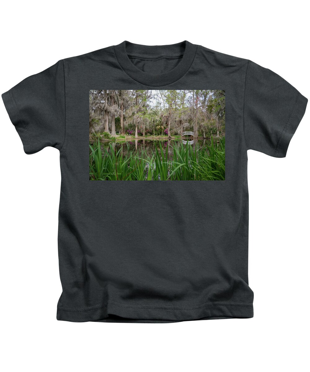 Bridge Kids T-Shirt featuring the photograph Small White Bridge in Garden by Cindy Robinson