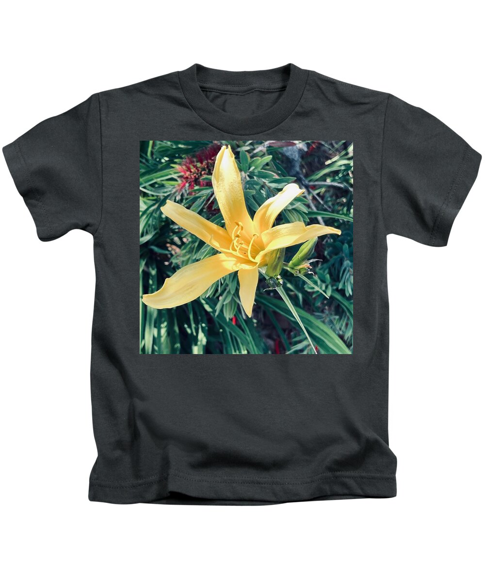 Day Lilly Yellow Green Leaves Red Black Pistils Brown Kids T-Shirt featuring the digital art SmallDay Lilly by Kathleen Boyles