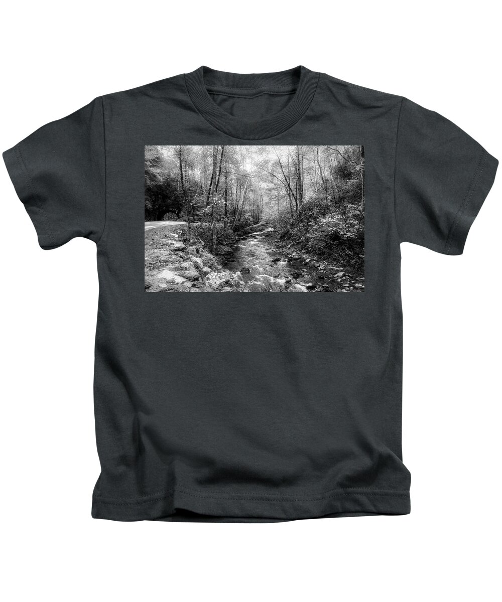 Cades Kids T-Shirt featuring the photograph Smoky Mountains Country Streams in Black and White by Debra and Dave Vanderlaan