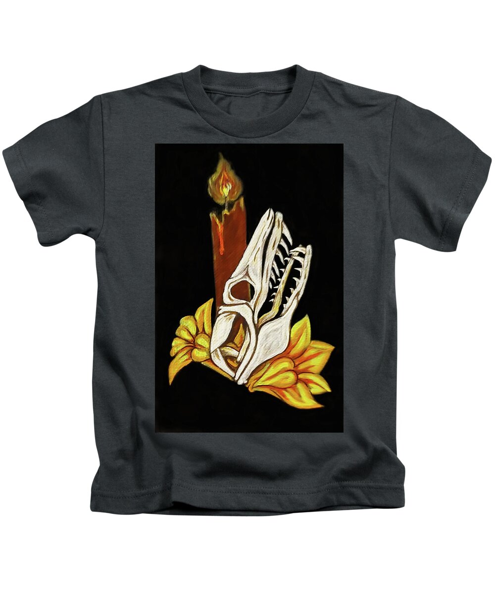 Skull Kids T-Shirt featuring the painting Snake and Daylilies by Megan Thompson- The Morrigan Art