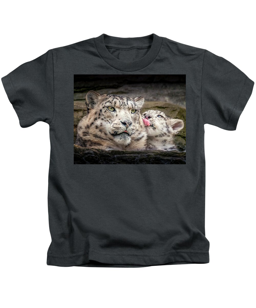 Snow Leopard Kids T-Shirt featuring the photograph SnowLeopardLove by Chris Boulton