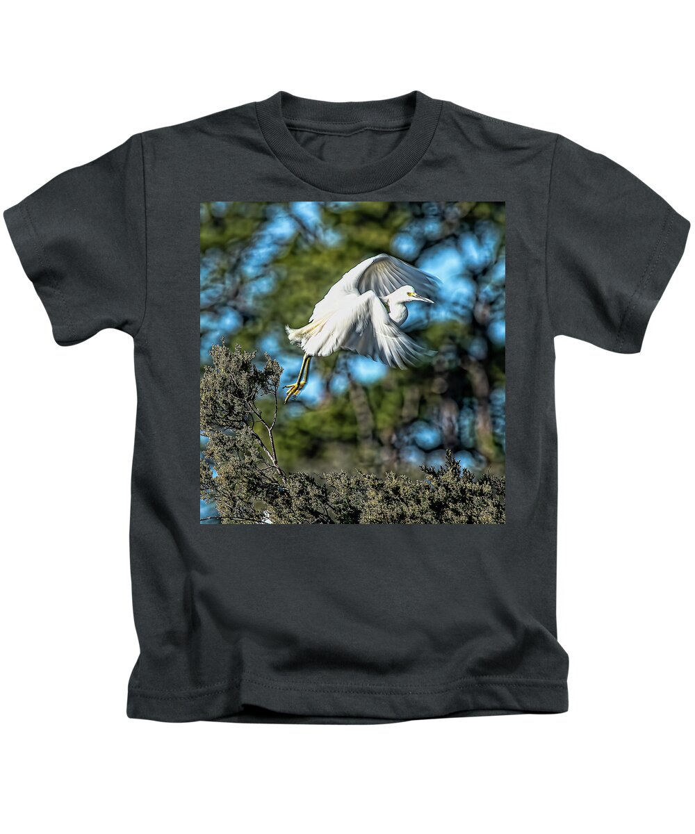 Snowy Egret Lift Off Kids T-Shirt featuring the photograph Snowy Egret Liftoff by Daniel Hebard