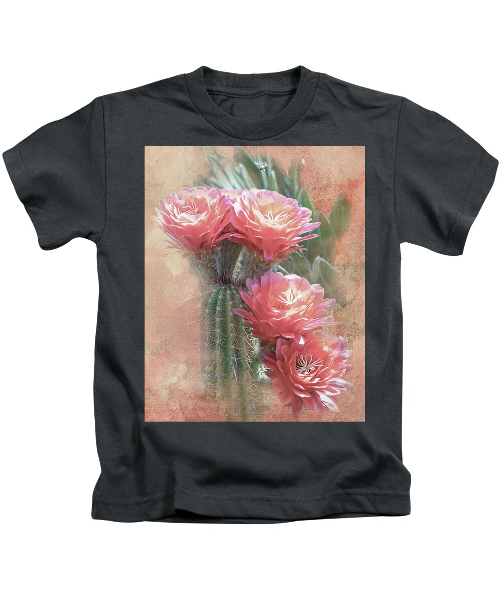 Black Cactus Kids T-Shirt featuring the digital art Soft Red Blooms of Tucson by Steve Kelley